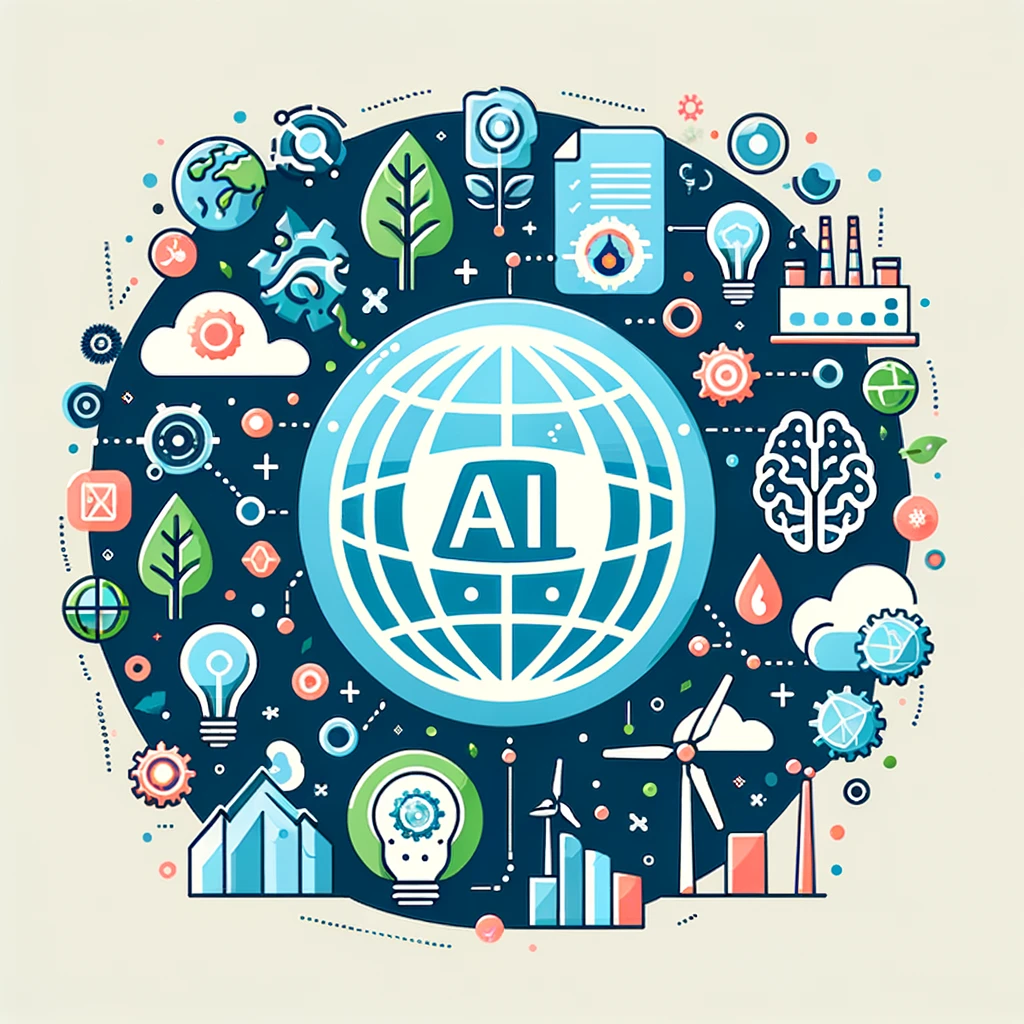 Illustration of AI-driven sustainability tools, featuring a stylised globe surrounded by icons of carbon emissions, a neural network, trees, and wind turbines in a clean, modern flat style.