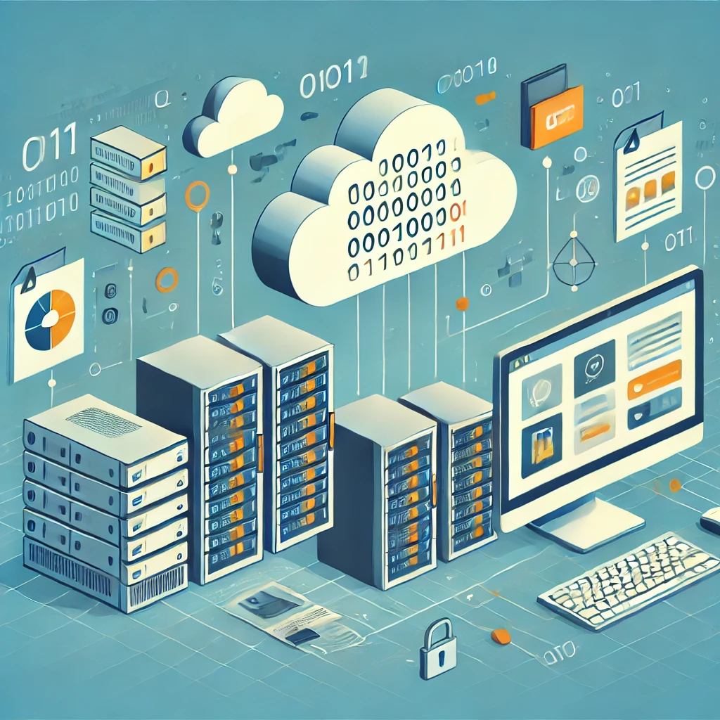 Illustration of digital assets, featuring icons of servers, a cloud with binary code, and software applications on computer screens, designed in a clean, modern flat style.