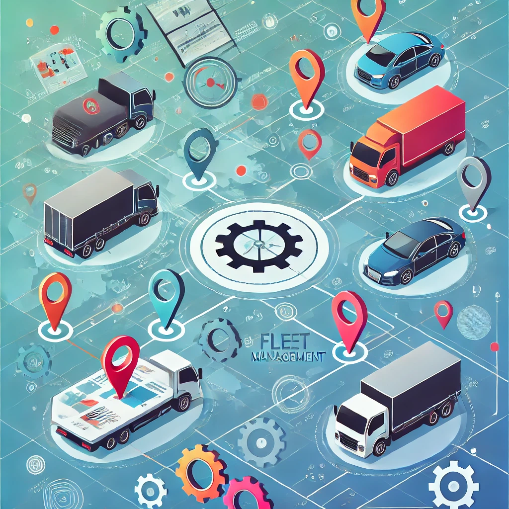 Illustration of fleet management, showing various vehicles like cars, vans, and trucks connected by digital lines, with a background featuring a map interface, location pins, and gears symbolising optimisation.