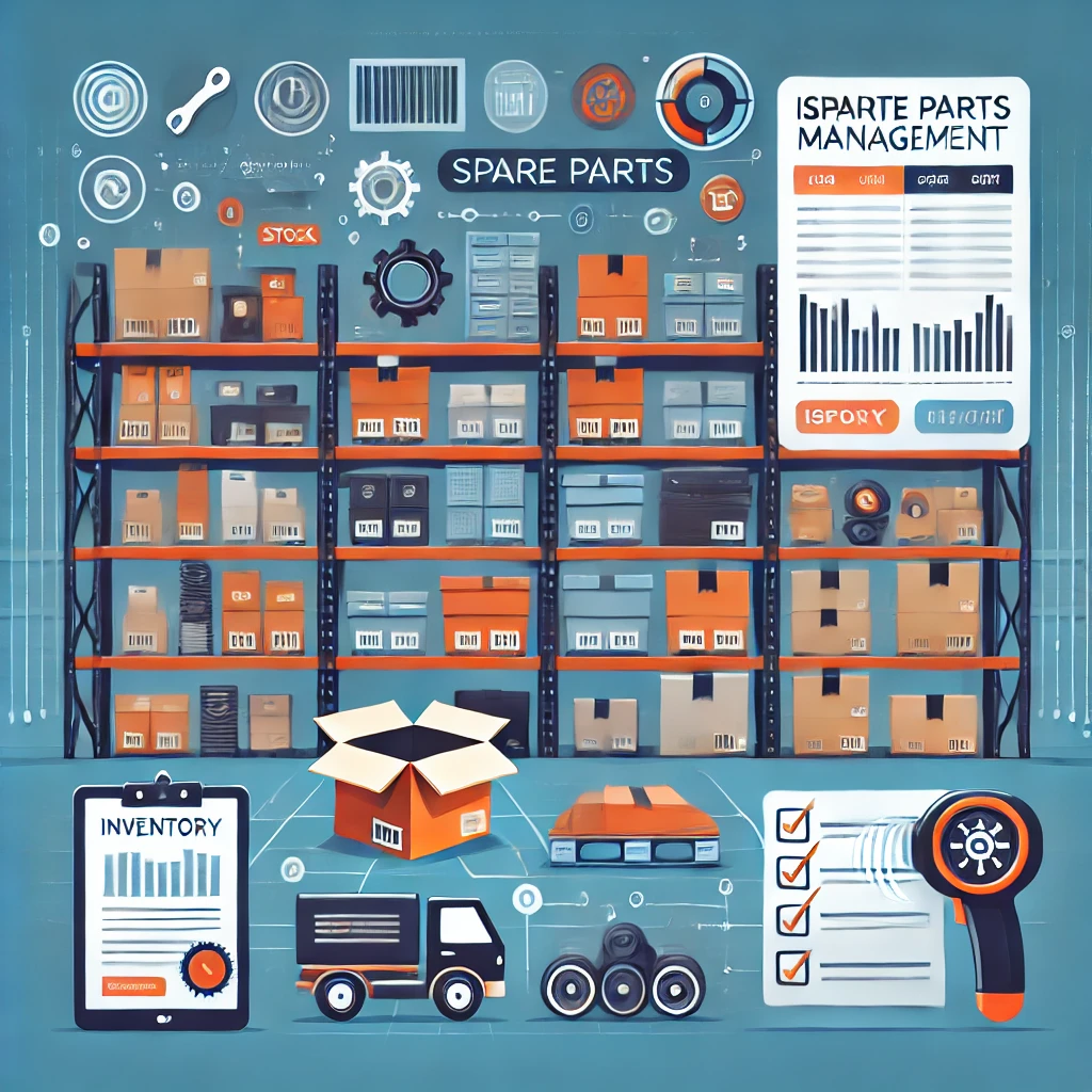 Illustration of inventory and spare parts management, showing shelves stocked with boxes, tools, and spare parts, alongside digital icons such as a barcode scanner, checklist, and inventory dashboard in a modern warehouse setting.