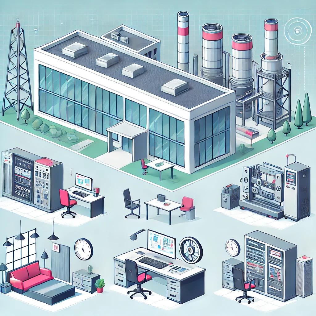 Illustration of physical assets, including a modern office building, industrial machines, and office furniture such as desks and chairs, displayed in a clean and professional flat design style.