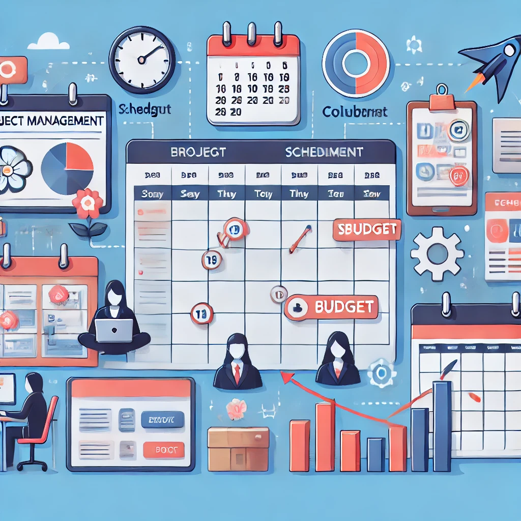 Illustration of project management, featuring a Kanban board with tasks, a calendar, budget codes, charts, and team collaboration icons, designed in a modern flat style.