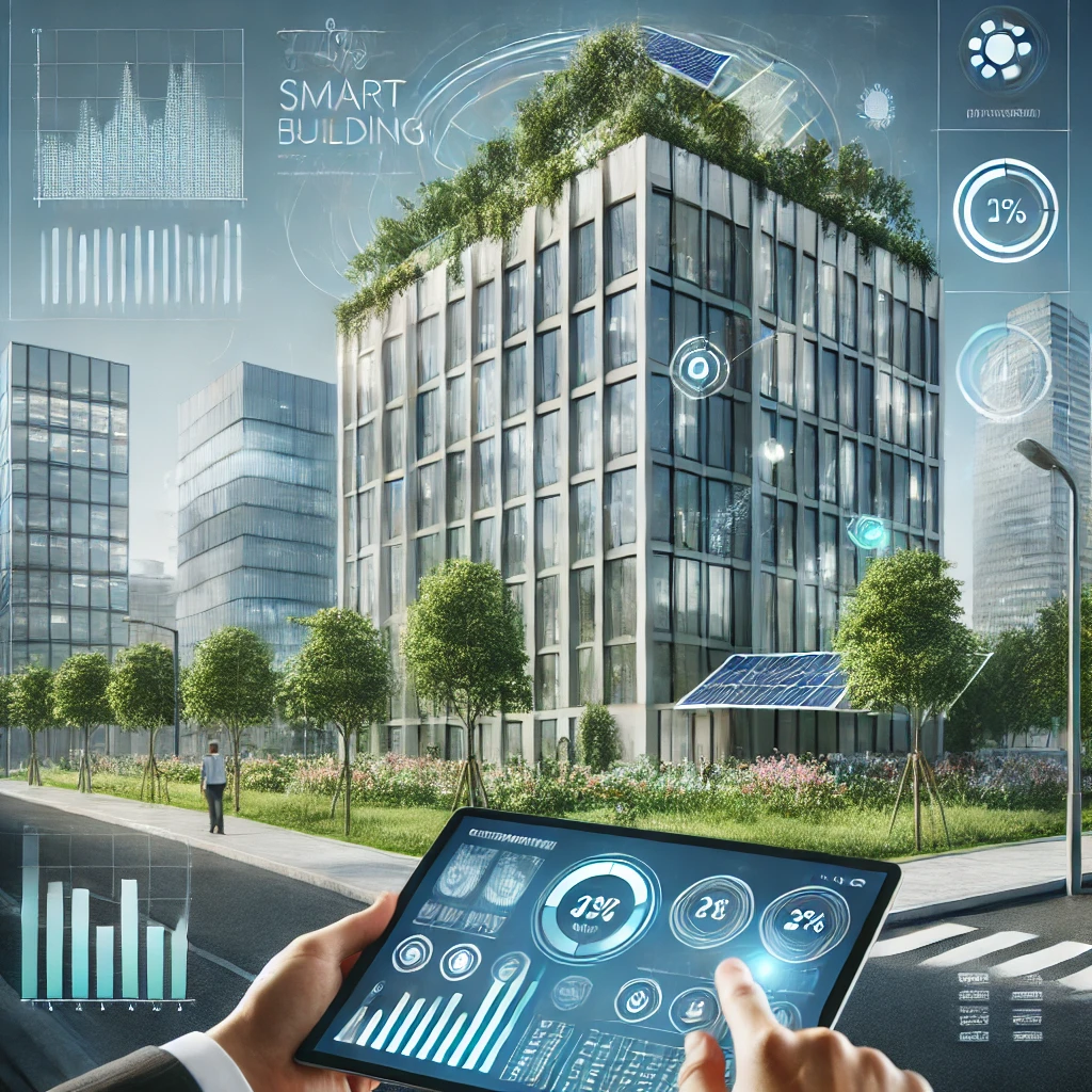 Illustration of a futuristic, eco-friendly smart building with solar panels and greenery, alongside a person interacting with a digital dashboard displaying facility management data.