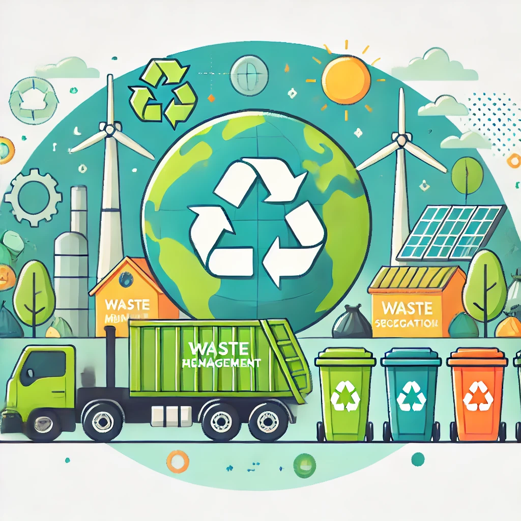 Illustration of waste management, featuring icons of recycling bins, waste segregation (organic, recyclable, hazardous), a waste collection truck, and green energy symbols like wind turbines and solar panels, with no text or labels.